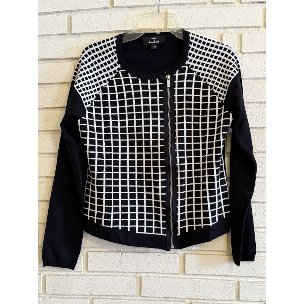 Dennis Basso Black & White Check Print Full Off Center Zip Up Sweater Size Small